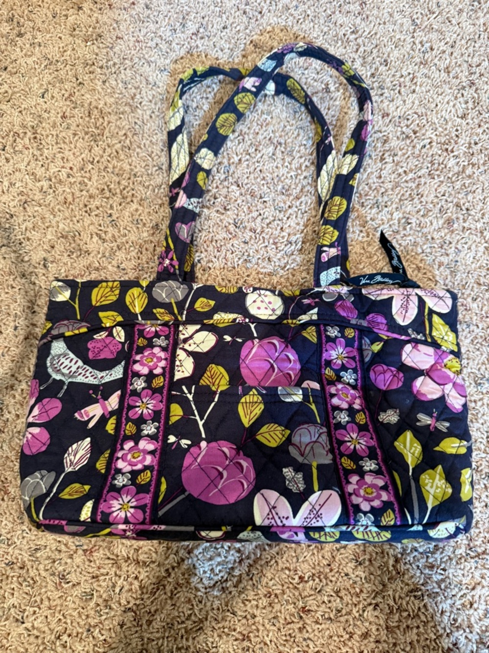 Vera Bradley Navy Floral Quilted Tote with Pink and Green Accents